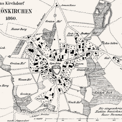 Die von Wiese gezeichnete Karte aus dem Jahr 1860 zeigt den historischen Ortskern. Auffällig sind die vielen Feuchtgebiete und Dieks rund um den Ort. Im Wohngebiet »Keuken Diek« (Froschteich) wurde vor der Bebauung ein sehr umfangreicher Moorbodenaustausch vorgenommen.